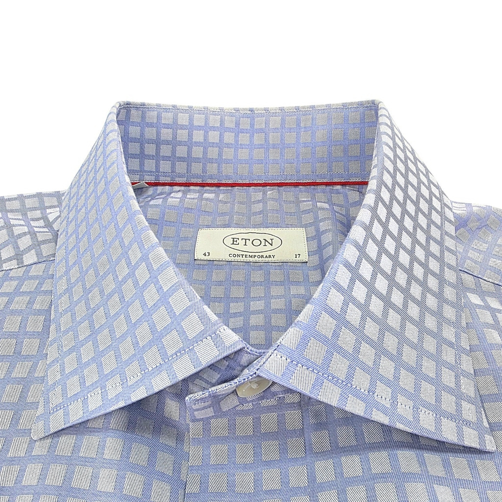 Quiet Luxury Eton Sweden Dress Shirt Mens 43 Light Blue Grid Cotton Europe - Picture 4 of 15